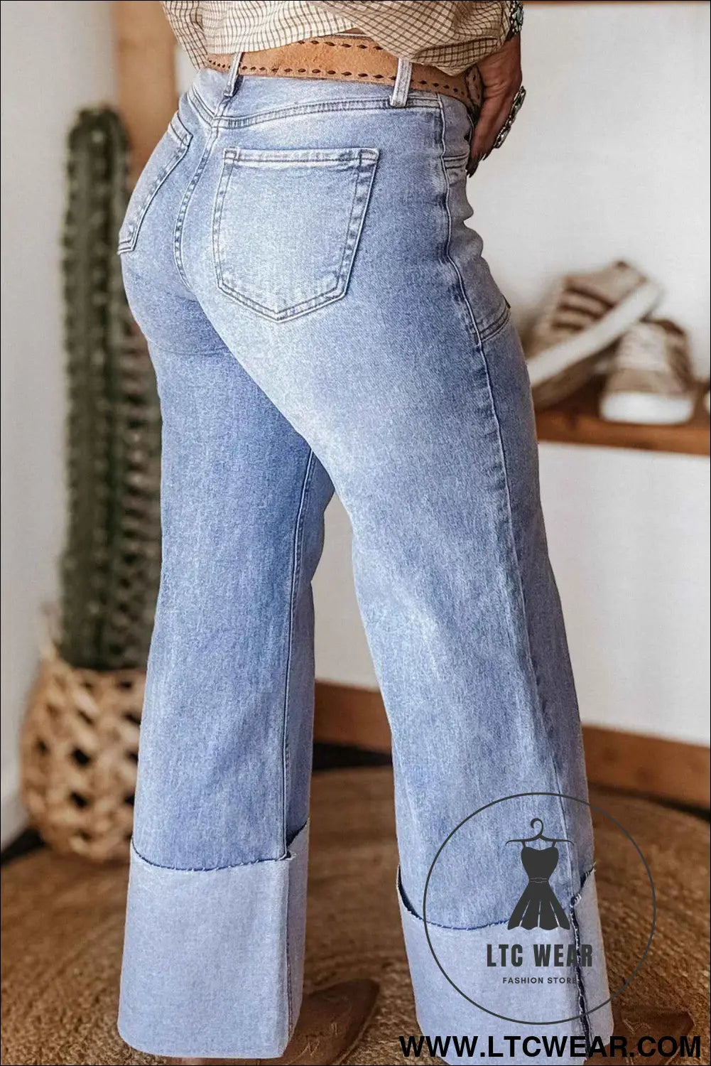 Beau Blue Turn-up Cuffs Womens Loose Jeans