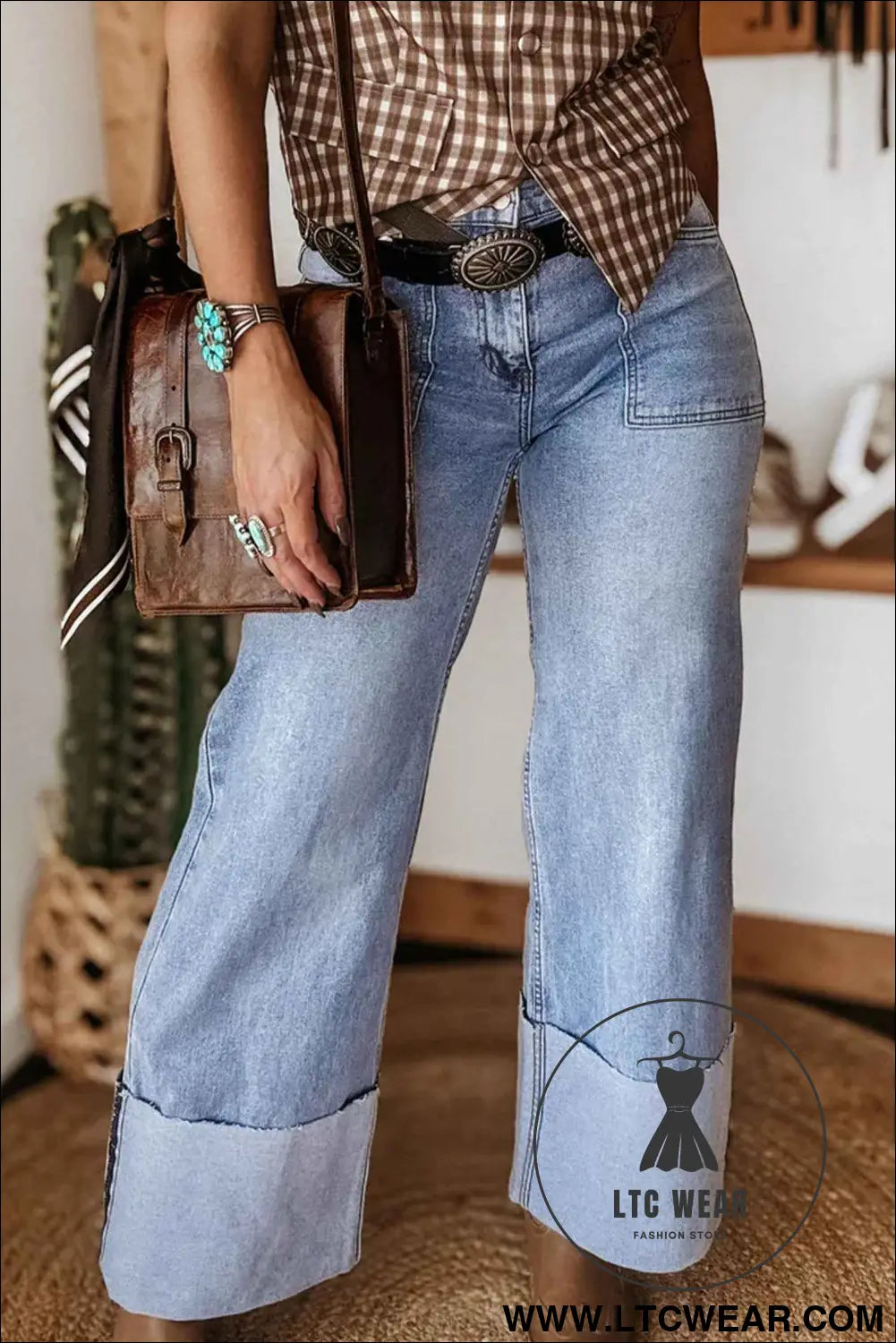 Beau Blue Turn-up Cuffs Womens Loose Jeans