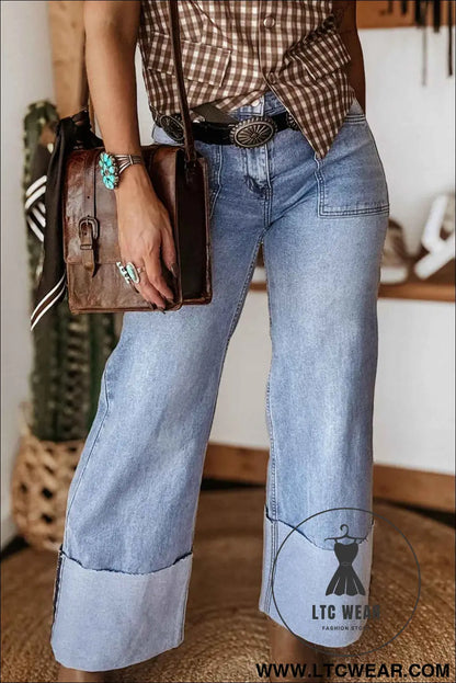 Beau Blue Turn-up Cuffs Womens Loose Jeans