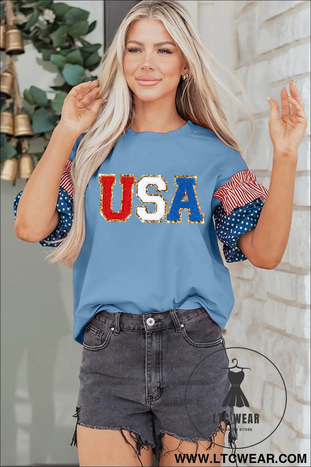 Beau blue usa chenille lettering stars and stripes patchwork sleeve top - graphic tees