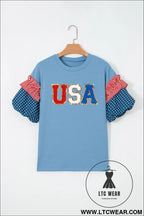 Beau blue usa chenille lettering stars and stripes patchwork sleeve top - graphic tees
