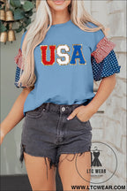 Beau blue usa chenille lettering stars and stripes patchwork sleeve top - beau blue / l / 95% cotton + 5% elastane