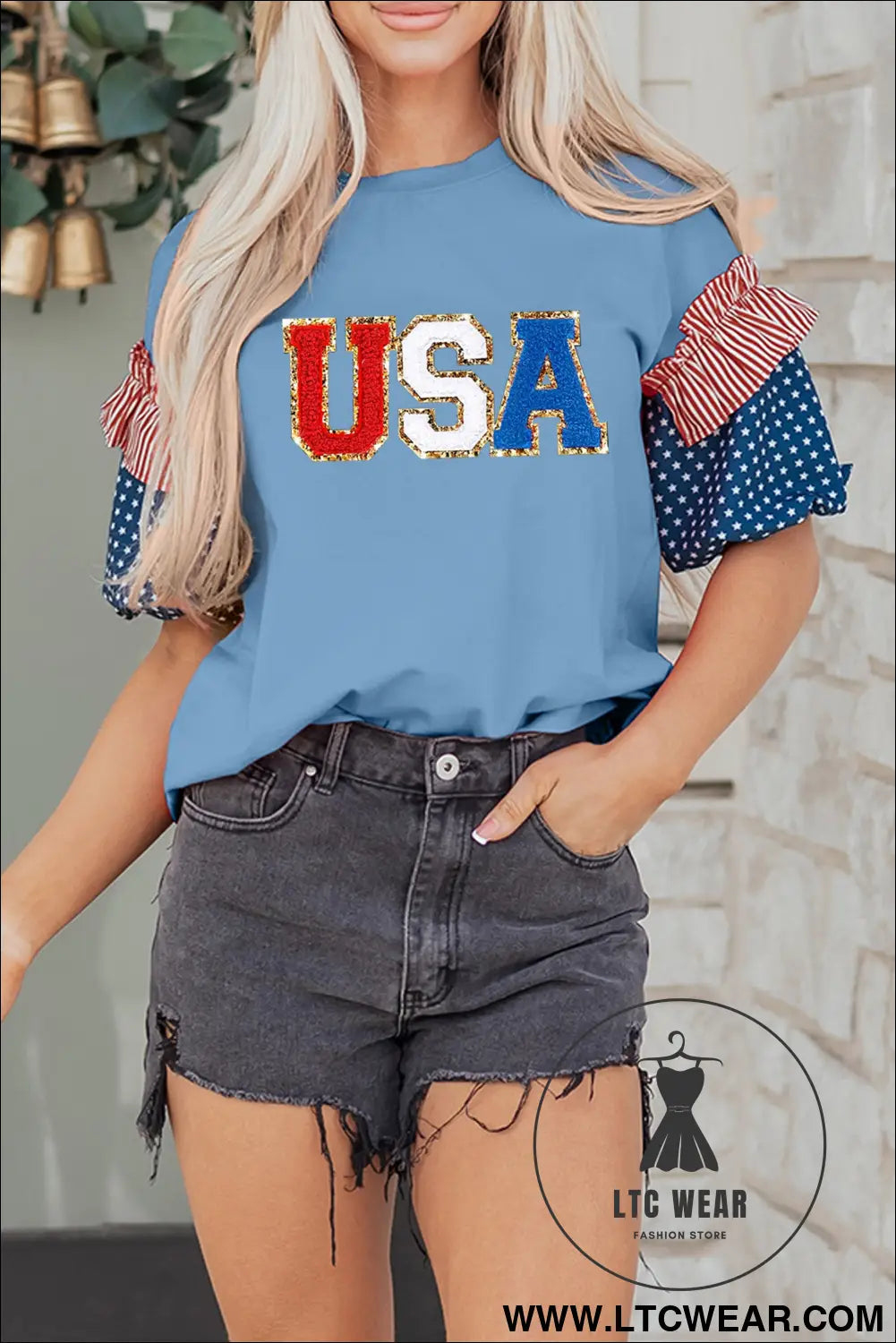Beau blue usa chenille lettering stars and stripes patchwork sleeve top - beau blue / l / 95% cotton + 5% elastane