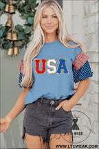Beau blue usa chenille lettering stars and stripes patchwork sleeve top - graphic tees