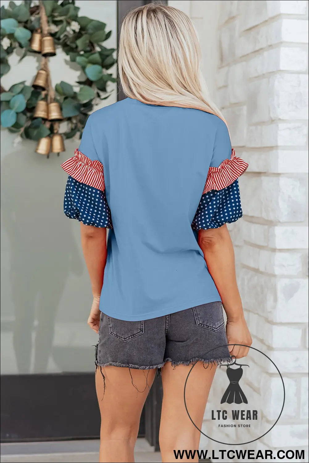 Beau blue usa chenille lettering stars and stripes patchwork sleeve top - graphic tees