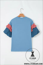 Beau blue usa chenille lettering stars and stripes patchwork sleeve top - graphic tees