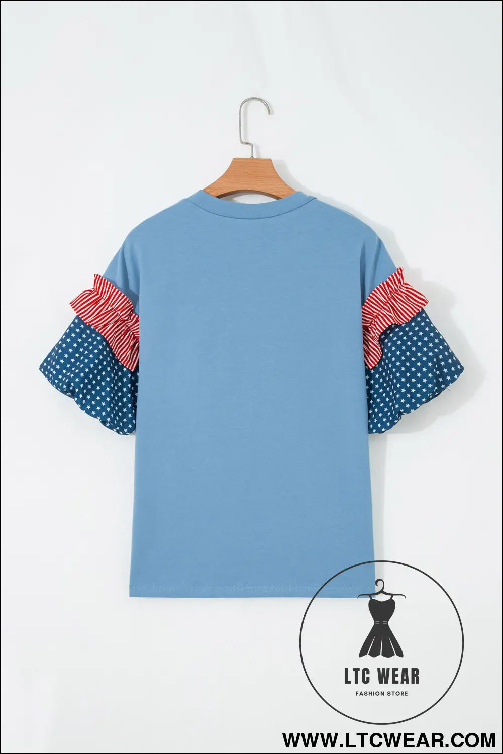 Beau blue usa chenille lettering stars and stripes patchwork sleeve top - graphic tees