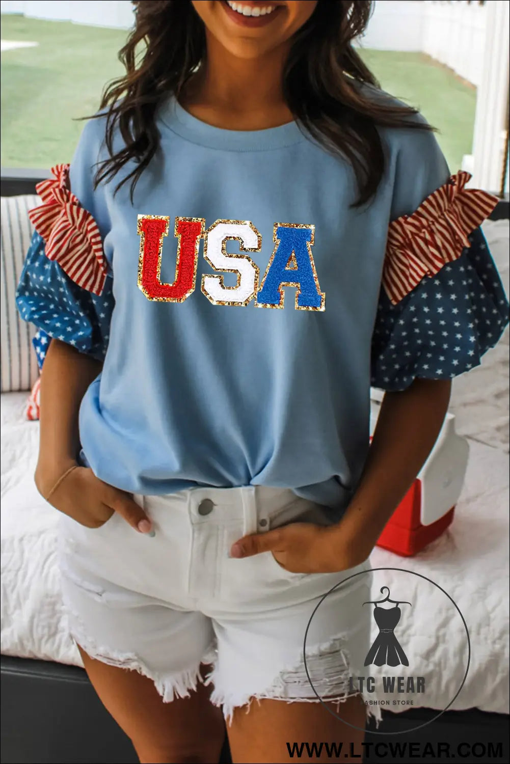 Beau blue usa chenille lettering stars and stripes patchwork sleeve top - graphic tees