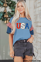 Beau blue usa chenille lettering stars and stripes patchwork sleeve top - graphic tees