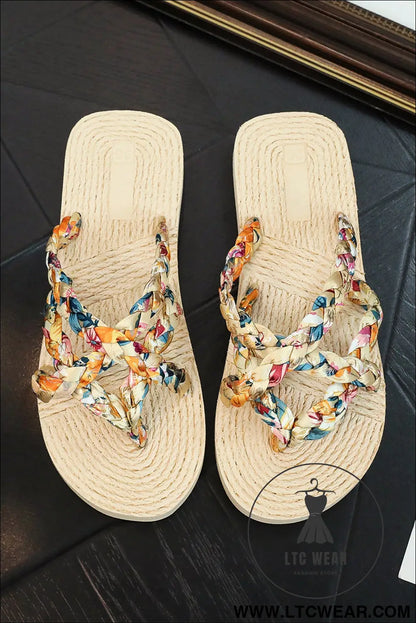 Beige Boho Printed Woven Caged Flip Flops Summer Slippers - L.T.C Wear Online Fashion Store
