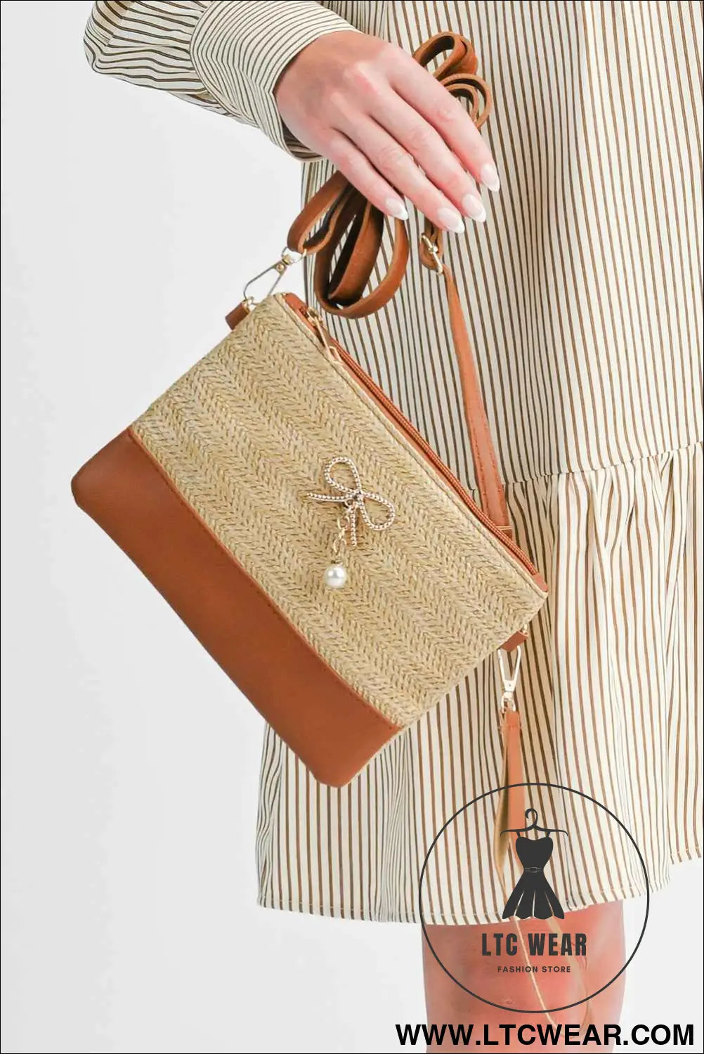 Beige Bow Pearl Decor Straw PU Leather Patched Crossbody Bag