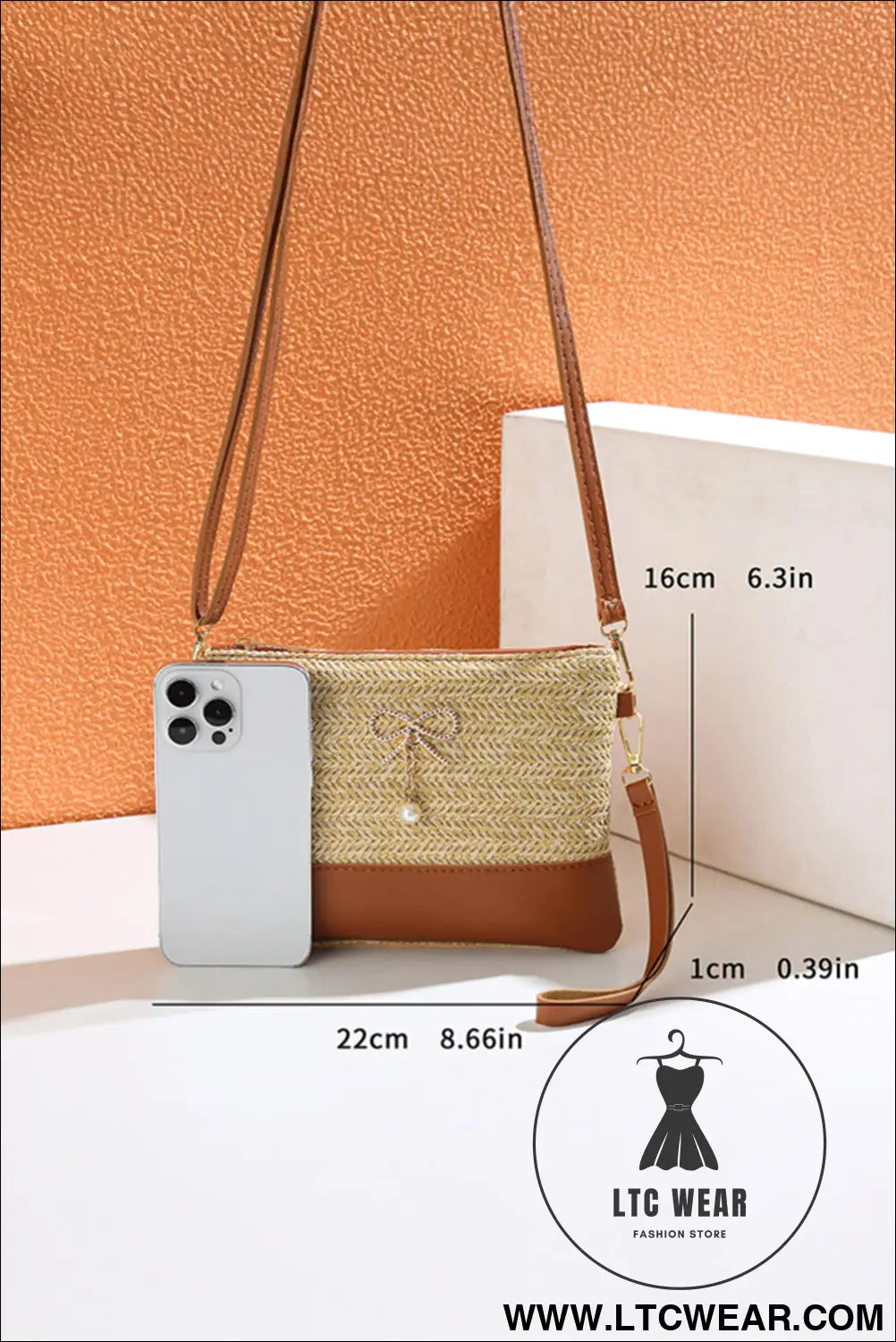 Beige Bow Pearl Decor Straw PU Leather Patched Crossbody Bag - L.T.C Wear Online Fashion Store