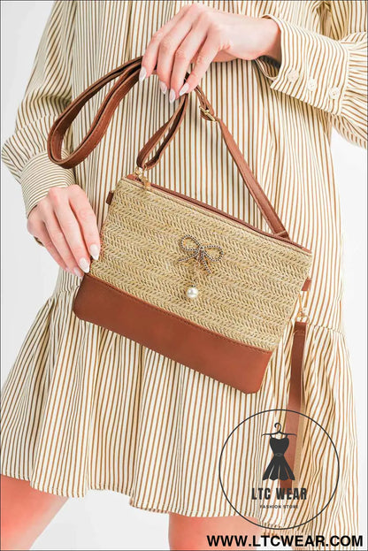 Beige Bow Pearl Decor Straw PU Leather Patched Crossbody Bag