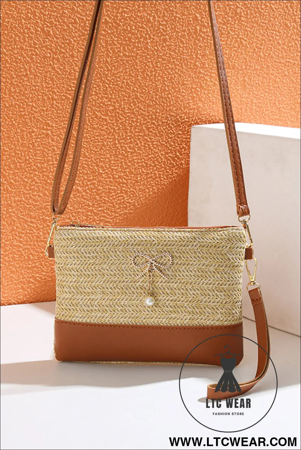 Beige Bow Pearl Decor Straw PU Leather Patched Crossbody Bag - L.T.C Wear Online Fashion Store