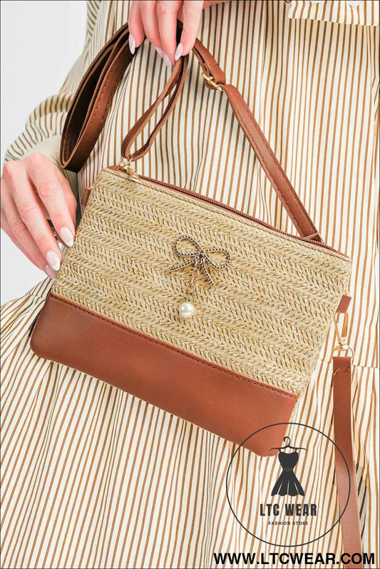 Beige Bow Pearl Decor Straw PU Leather Patched Crossbody Bag