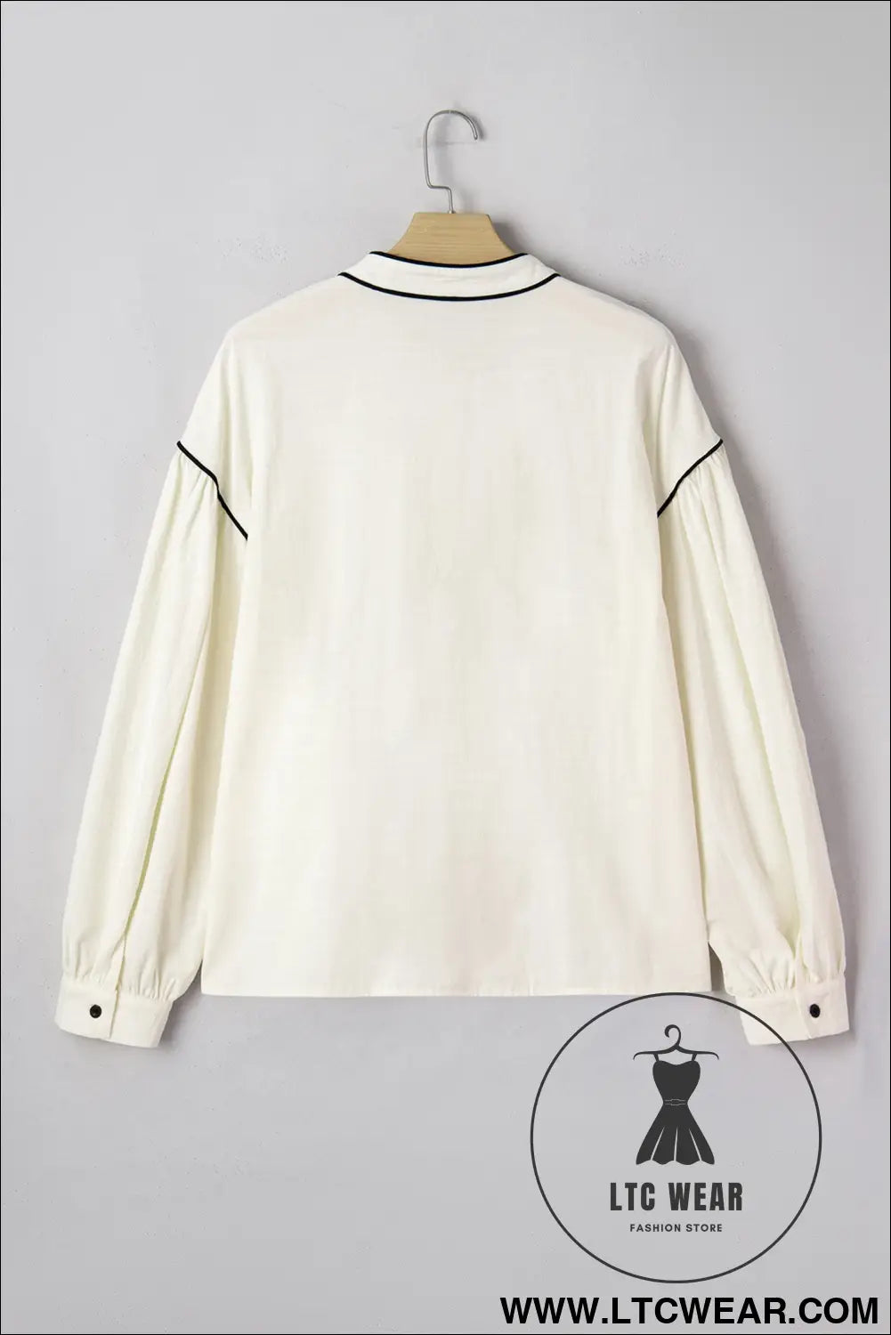 Beige contrast color trim button down long puff sleeve shirt - blouses & shirts