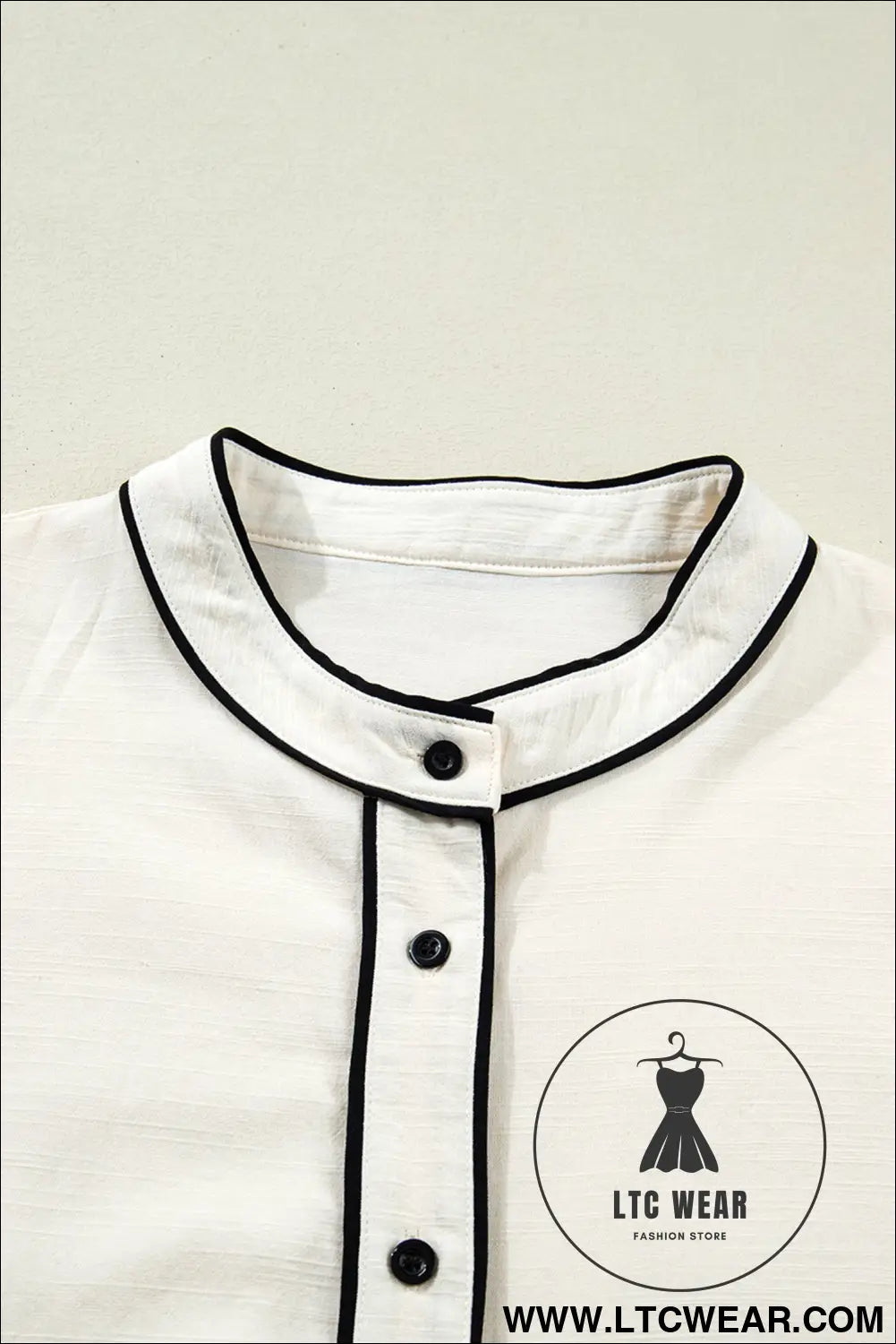 Beige contrast color trim button down long puff sleeve shirt - blouses & shirts