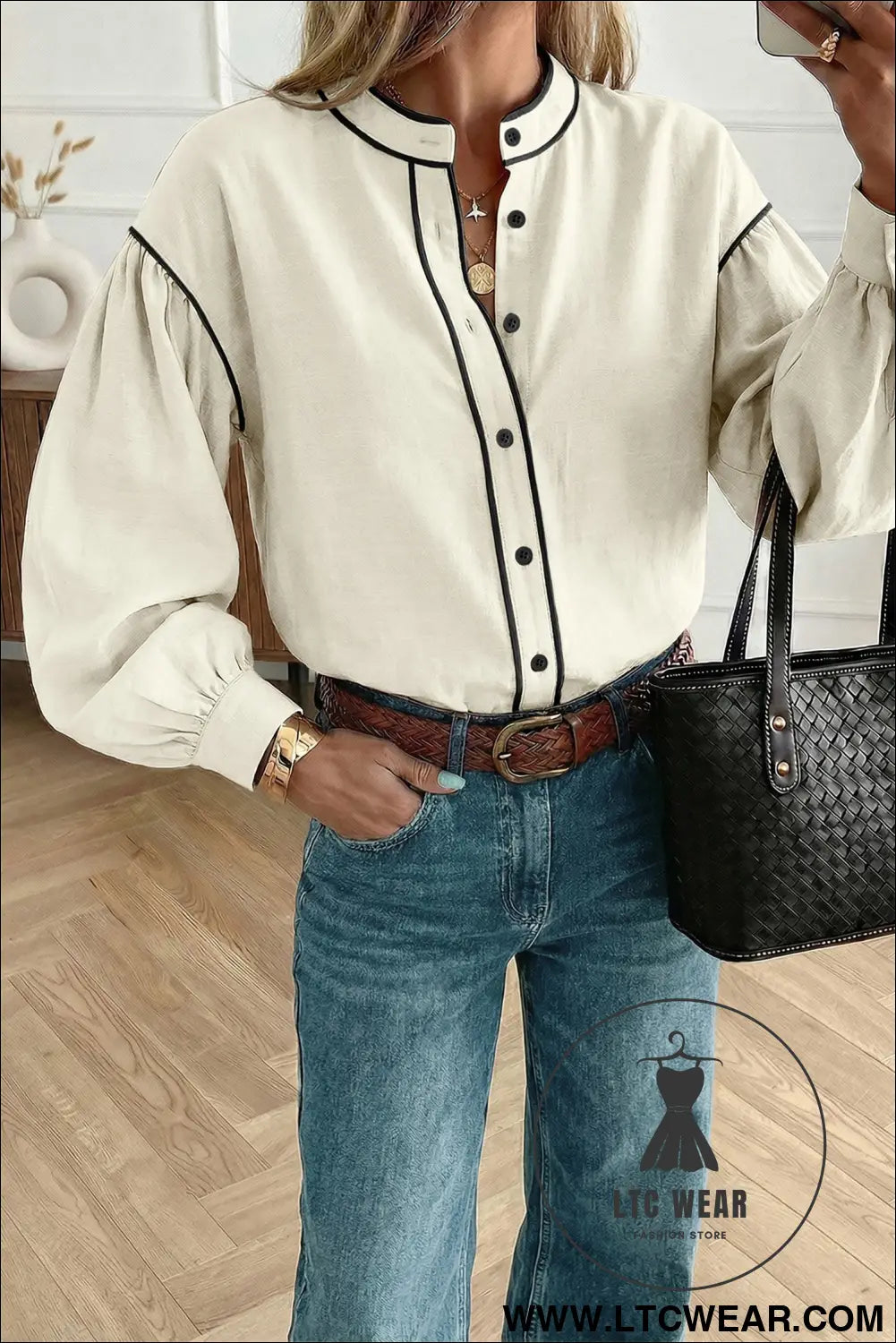 Beige contrast color trim button down long puff sleeve shirt - beige / l / 55% cotton + 45% viscose - blouses & shirts