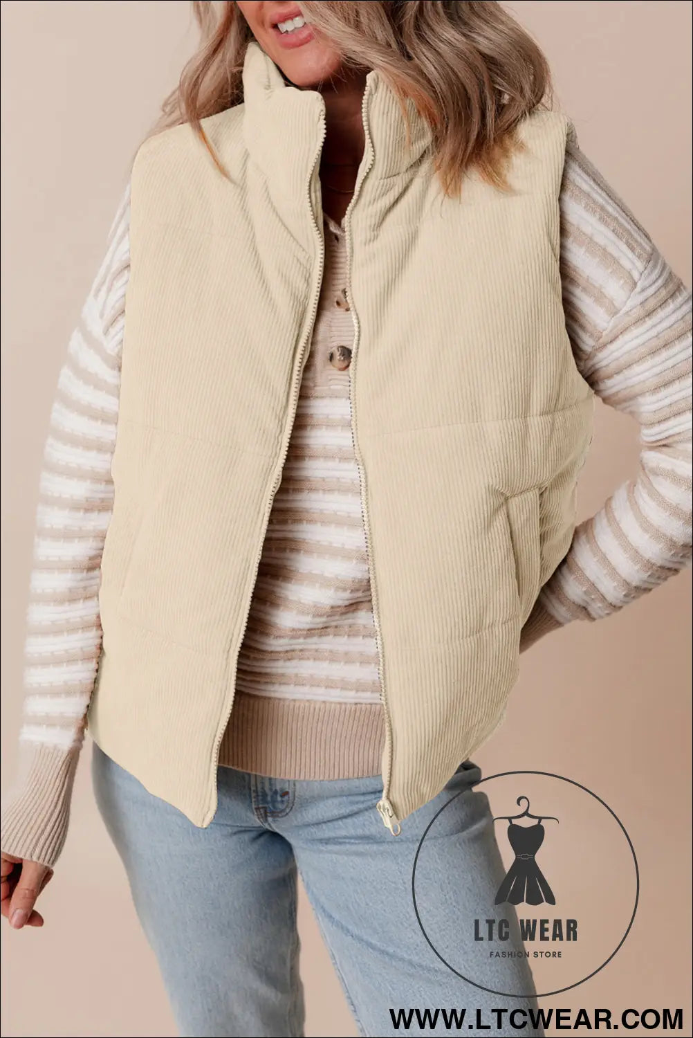 Beige corduroy stand neck zipped puffer vest - beige / 2xl / 100% polyester - vests