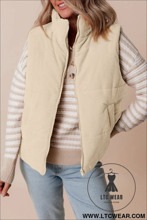 Beige corduroy stand neck zipped puffer vest - beige / 2xl / 100% polyester - vests