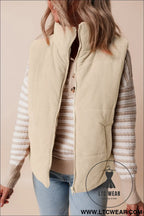 Beige corduroy stand neck zipped puffer vest - vests