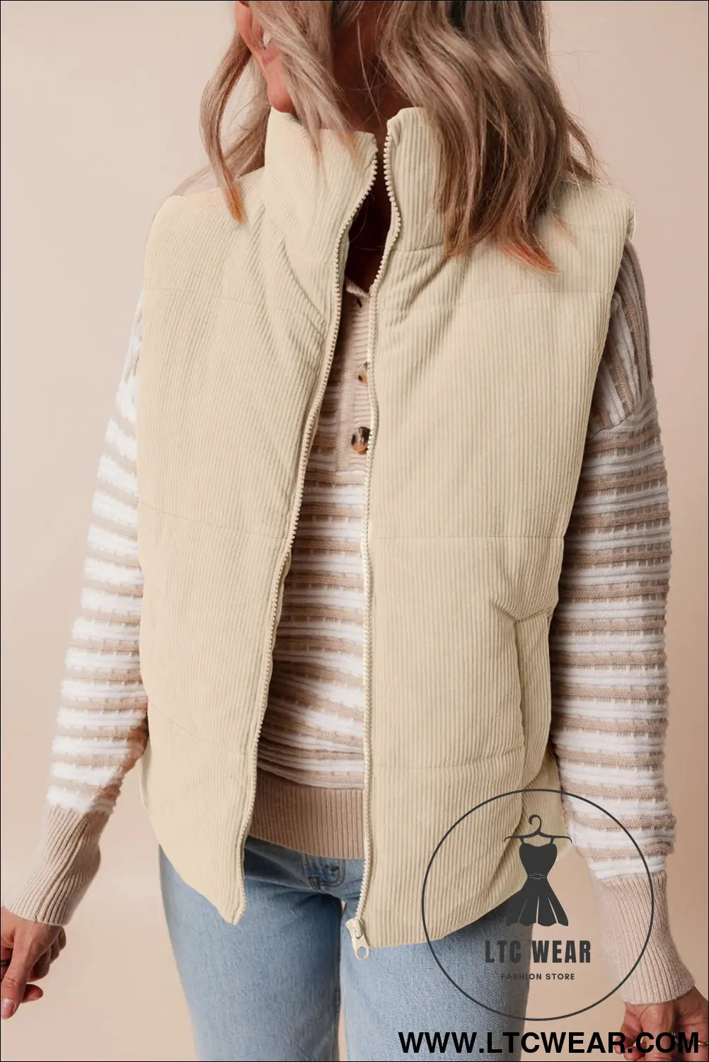 Beige corduroy stand neck zipped puffer vest - vests