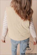 Beige corduroy stand neck zipped puffer vest - vests