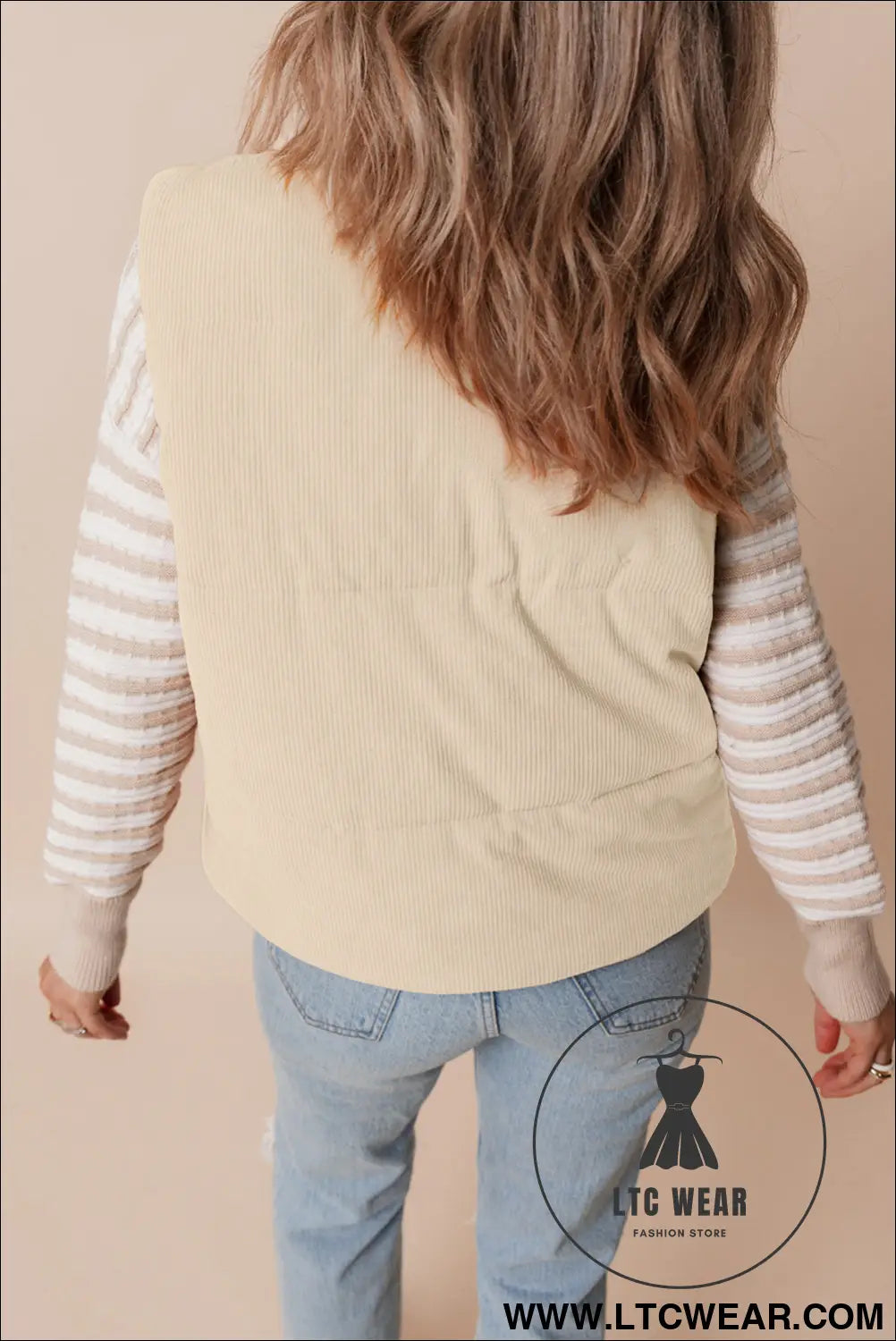 Beige corduroy stand neck zipped puffer vest - vests