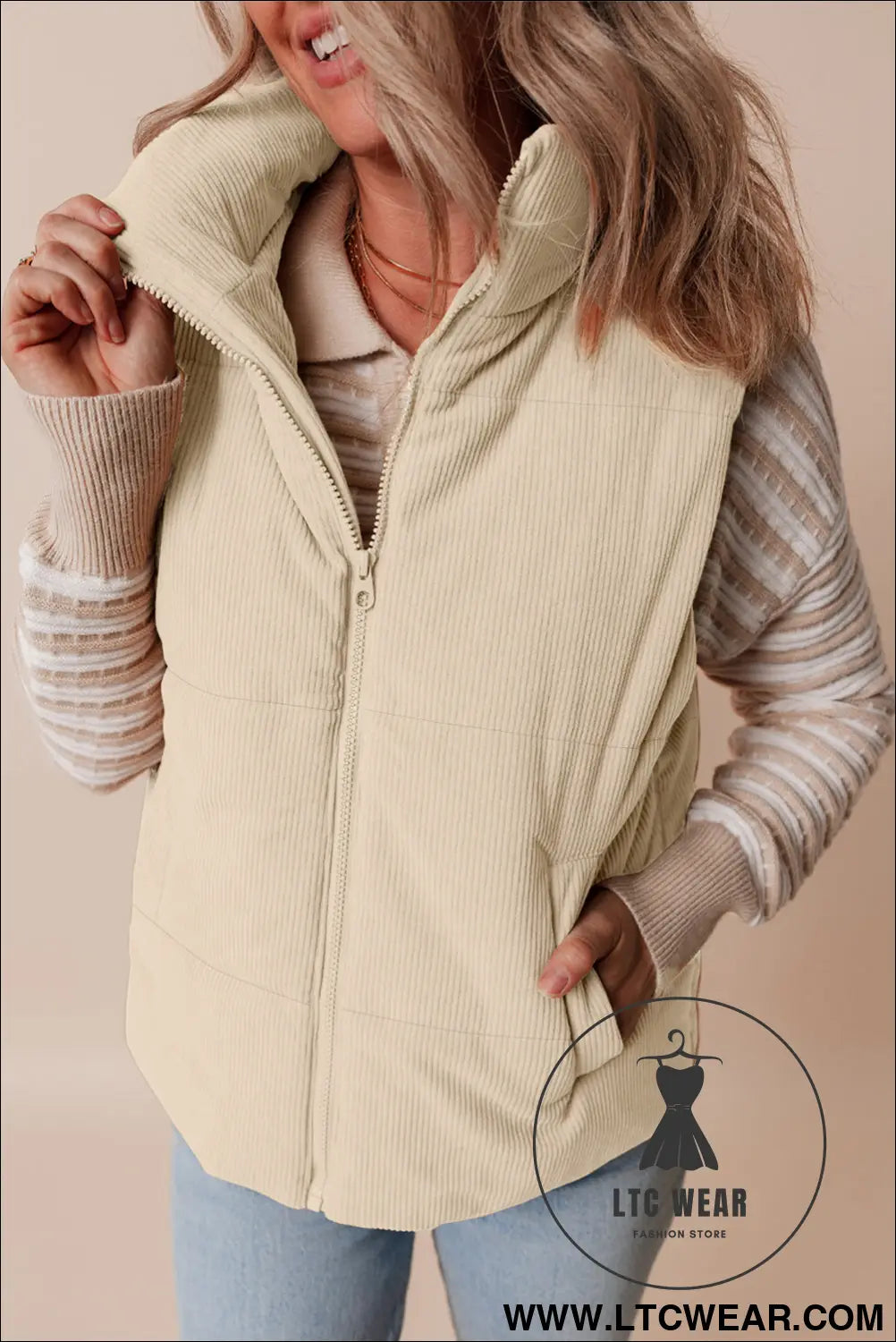 Beige corduroy stand neck zipped puffer vest - vests