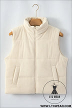 Beige corduroy stand neck zipped puffer vest - vests