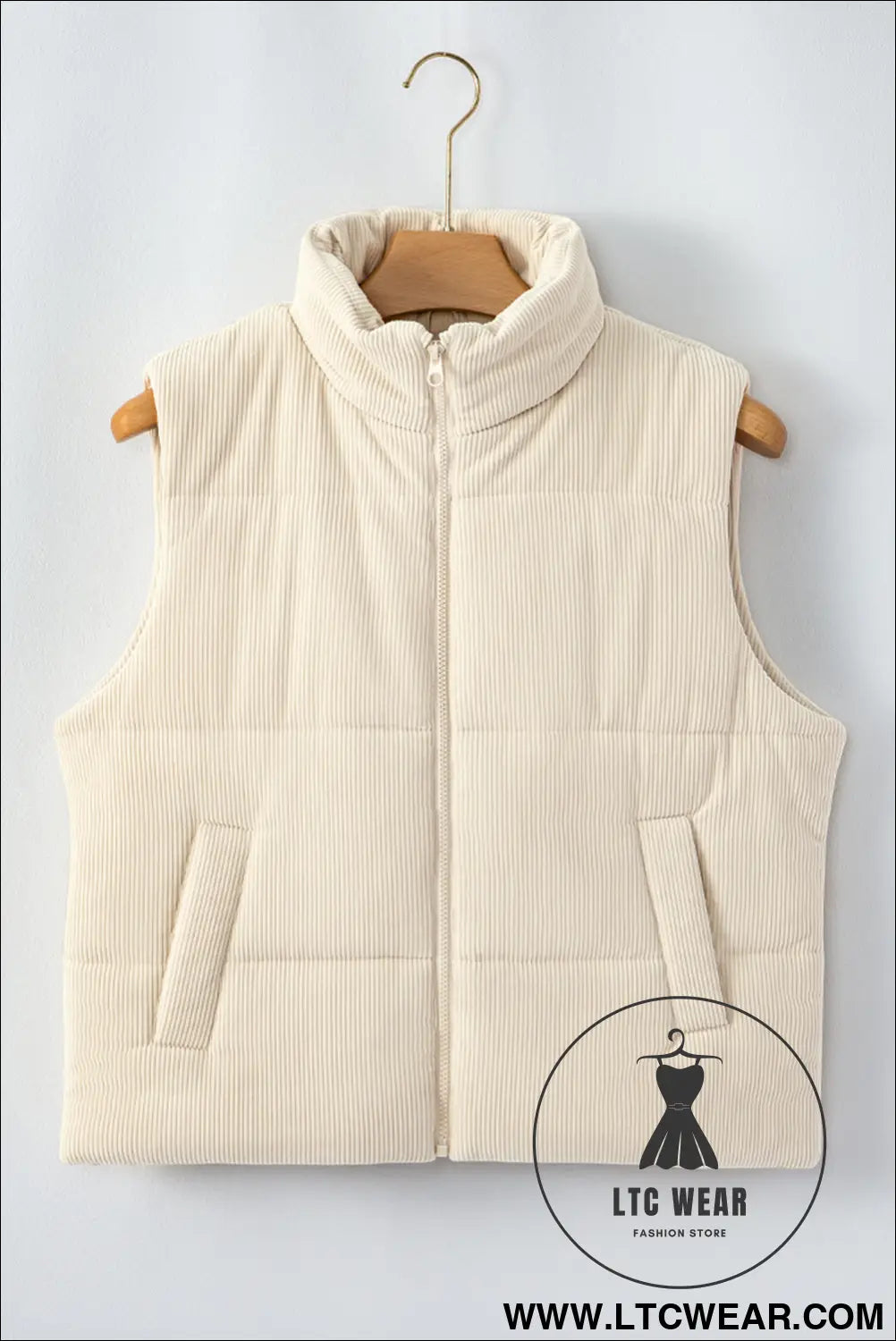 Beige corduroy stand neck zipped puffer vest - vests
