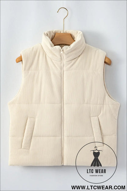 Beige corduroy stand neck zipped puffer vest - vests
