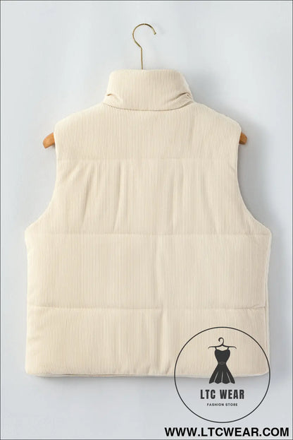 Beige corduroy stand neck zipped puffer vest - vests