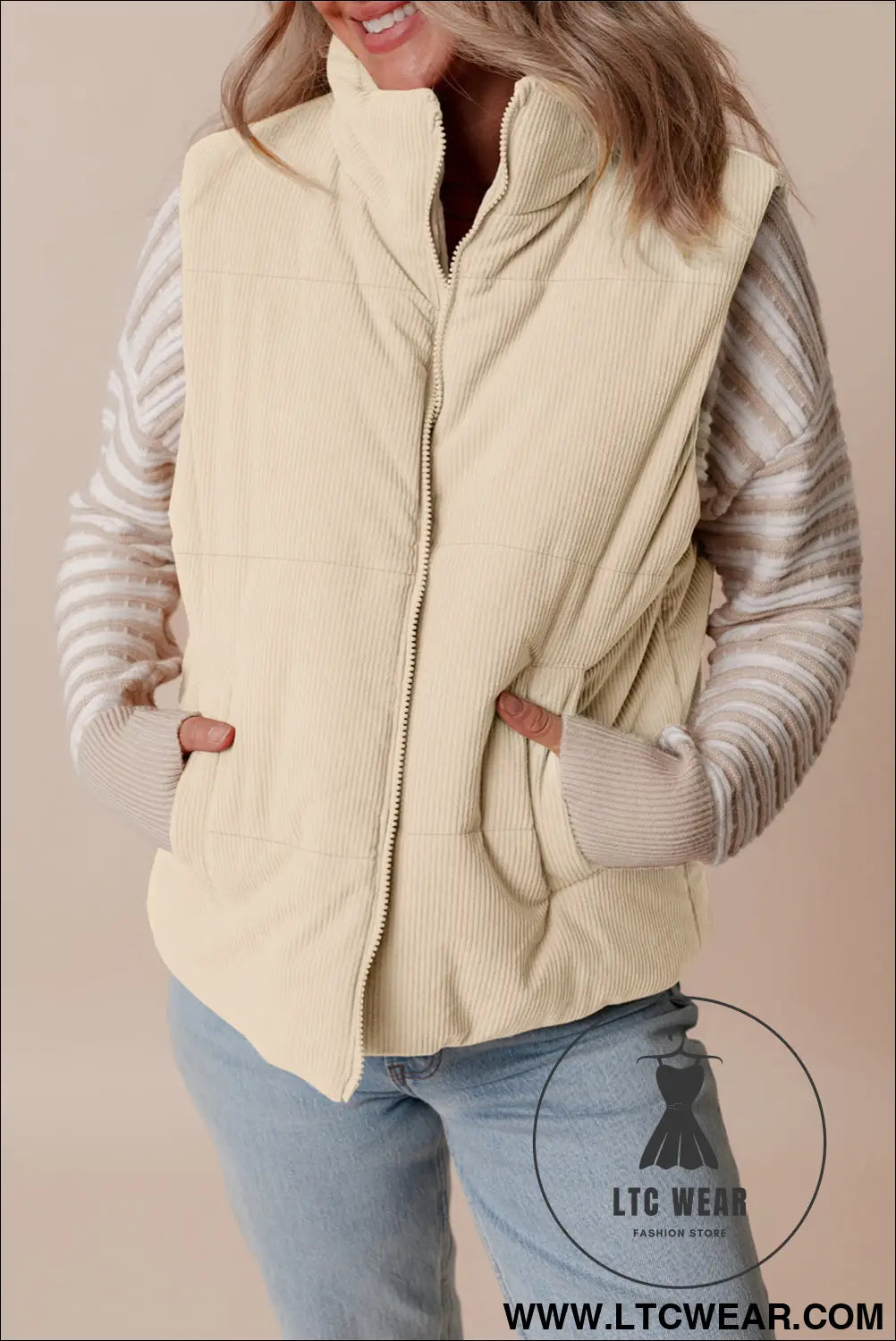 Beige corduroy stand neck zipped puffer vest - vests
