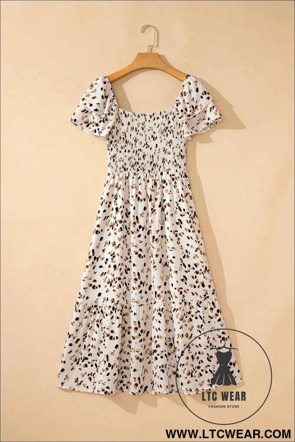 Beige Ditsy Floral Print Smocked Square Neck Ruffle Short Sleeve Dress