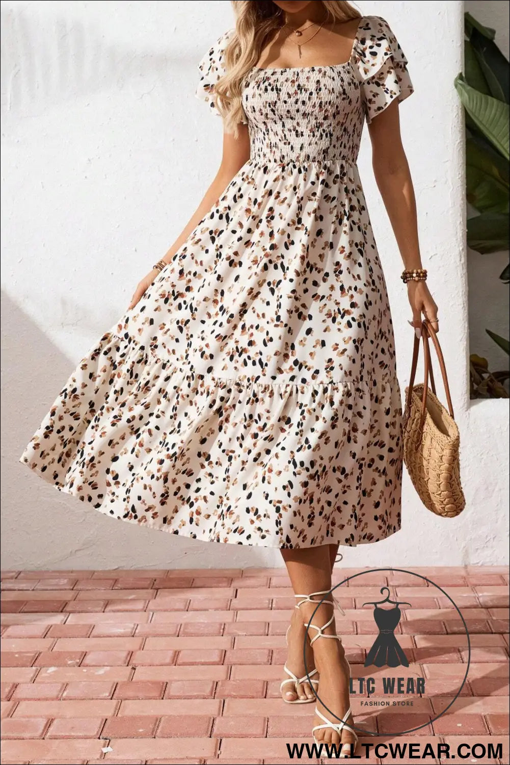 Beige ditsy floral print smocked square neck ruffle short sleeve dress - floral dresses