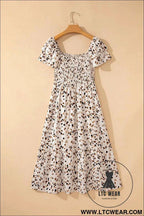 Beige Ditsy Floral Print Smocked Square Neck Ruffle Short Sleeve Dress