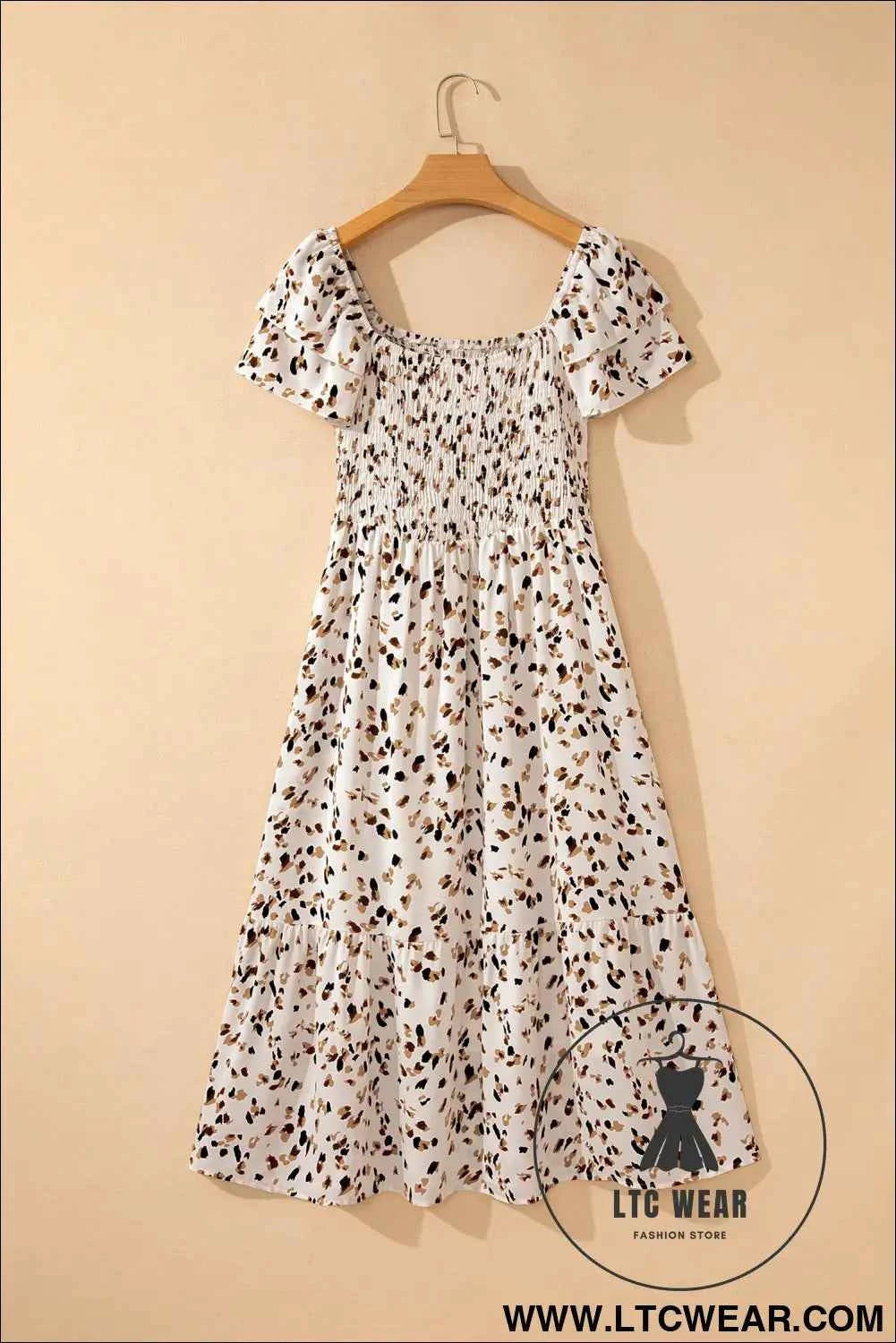 Beige Ditsy Floral Print Smocked Square Neck Ruffle Short Sleeve Dress