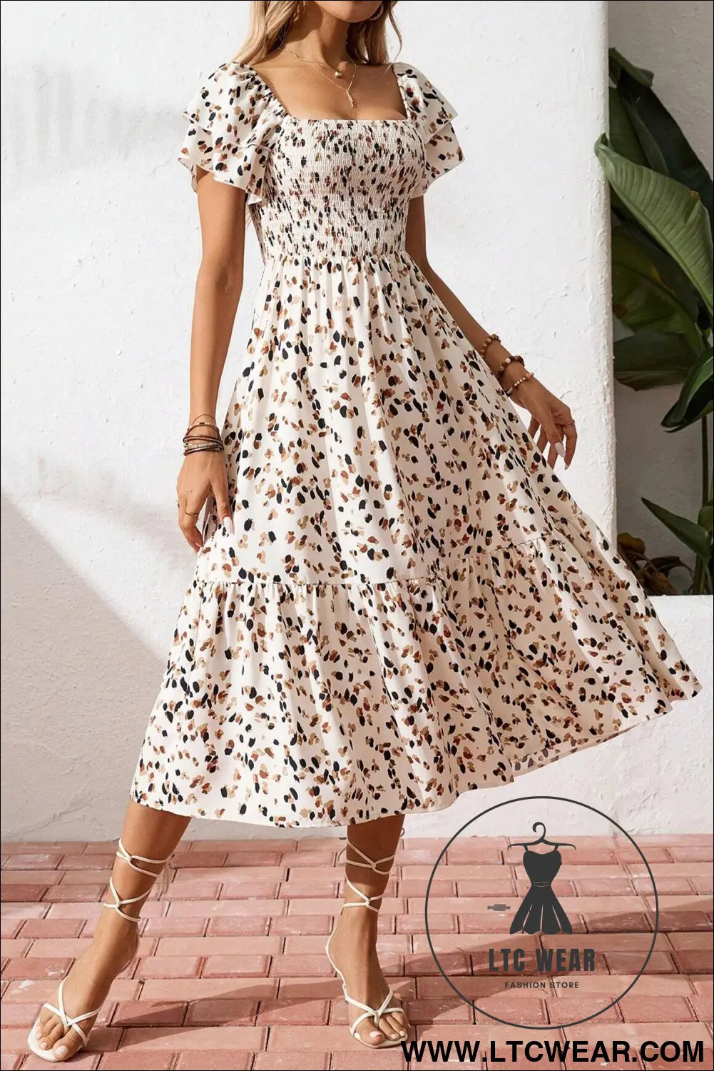 Beige ditsy floral print smocked square neck ruffle short sleeve dress - floral dresses