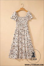 Beige ditsy floral print smocked square neck ruffle short sleeve dress - floral dresses