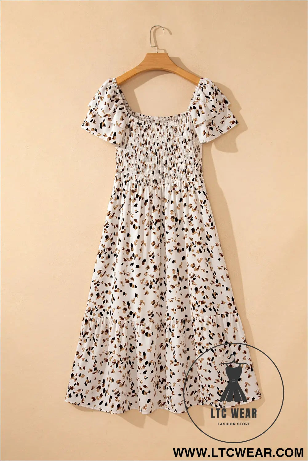 Beige ditsy floral print smocked square neck ruffle short sleeve dress - floral dresses