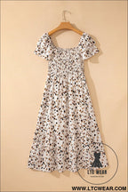 Beige ditsy floral print smocked square neck ruffle short sleeve dress - floral dresses