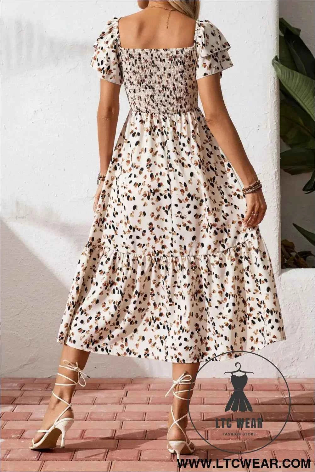 Beige Ditsy Floral Print Smocked Square Neck Ruffle Short Sleeve Dress