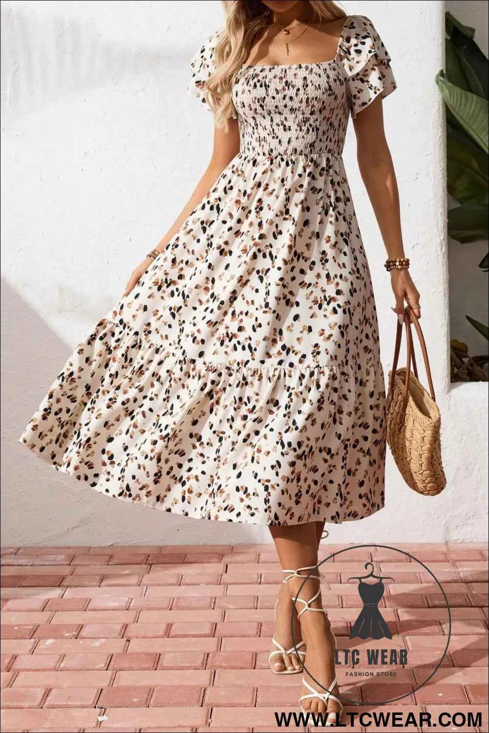 Beige Ditsy Floral Print Smocked Square Neck Ruffle Short Sleeve Dress