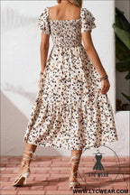 Beige ditsy floral print smocked square neck ruffle short sleeve dress - floral dresses