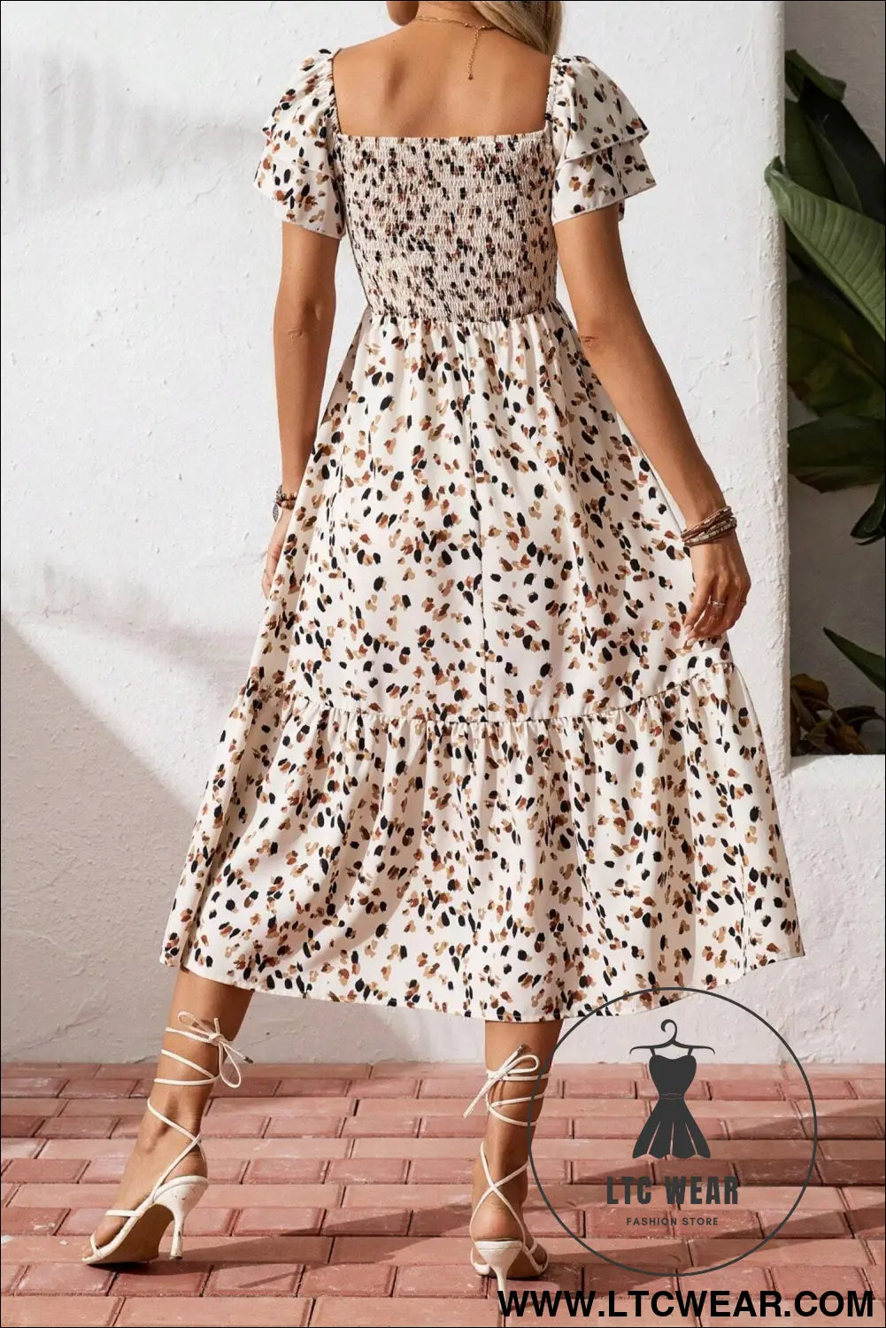 Beige ditsy floral print smocked square neck ruffle short sleeve dress - floral dresses