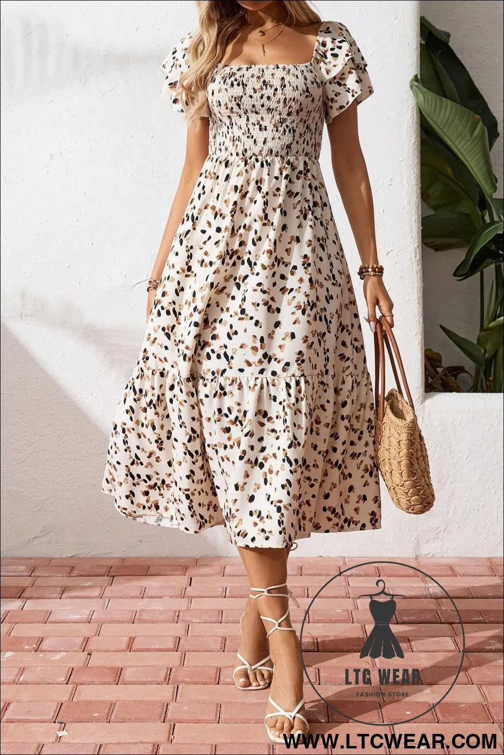 Beige ditsy floral print smocked square neck ruffle short sleeve dress - floral dresses