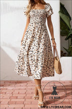 Beige ditsy floral print smocked square neck ruffle short sleeve dress - floral dresses