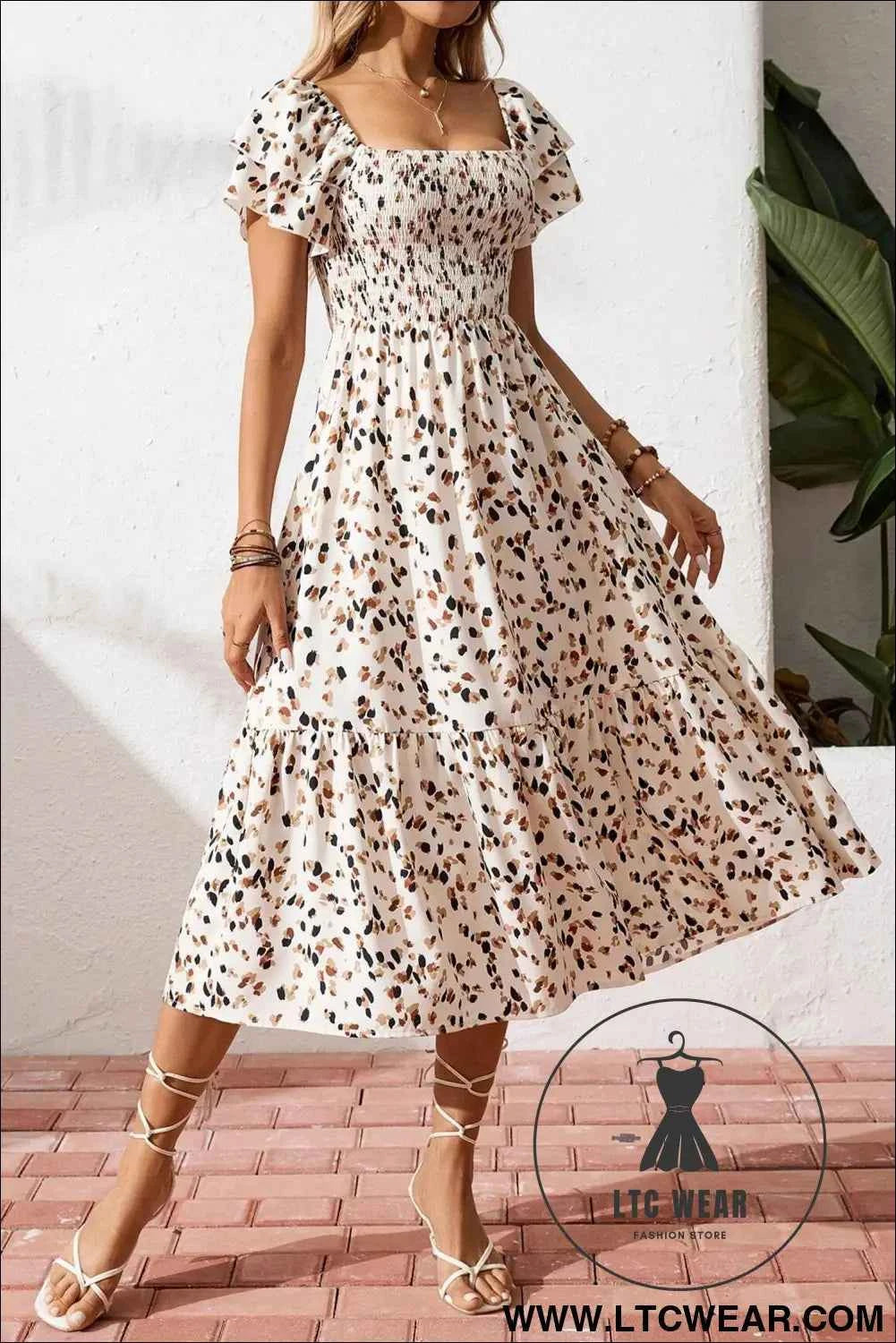 Beige Ditsy Floral Print Smocked Square Neck Ruffle Short Sleeve Dress