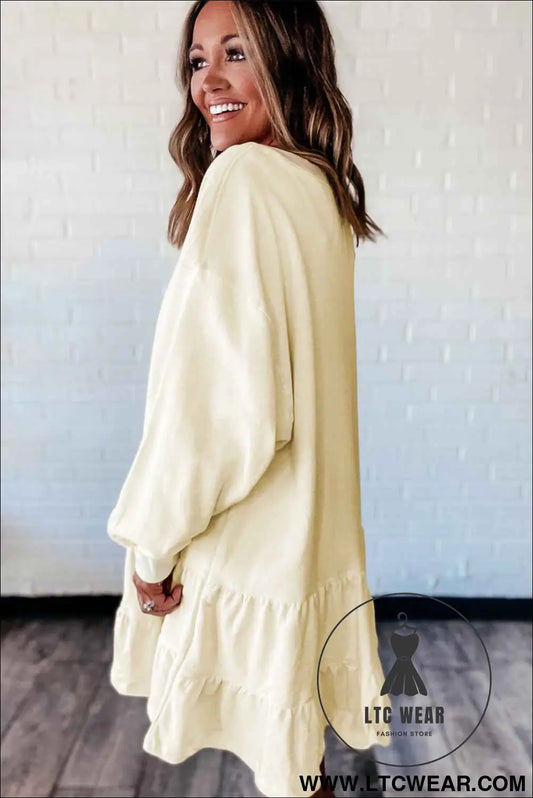 Beige Double Tiered Ruffle Hem Long Sleeve Loose Mini Dress